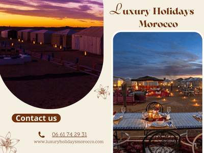 Luxury desert camp in Morocco Sahara with traditional tents, camel trekking, and sunset view over Erg Chebbi dunes.